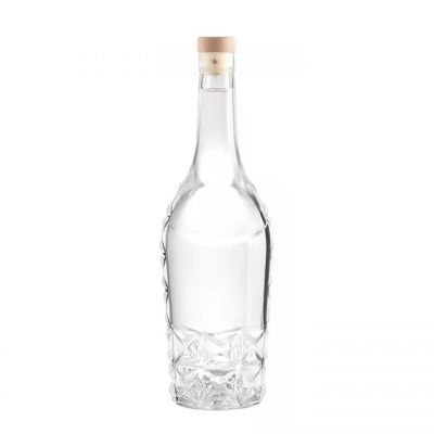 latest design delicate emboss 750ml glass bottle with wooden corks for vodka