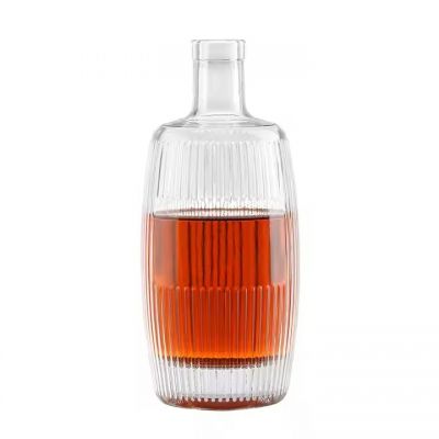 Customized oak barrel shape round super flint Liquor rum gin Brandy Vodka Whisky whiskey glass bottle with oak cork