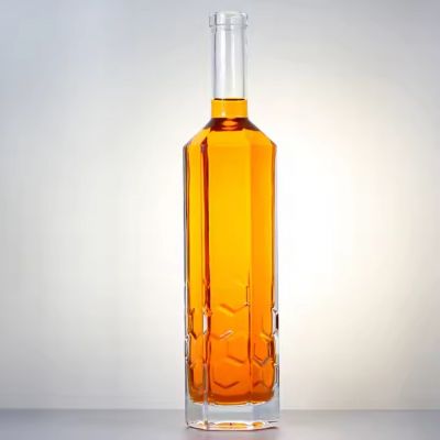 Hexagonal honey decorated glass gin rum wine bottle with honeycomb design pattern glass wine bottle with cork stopper