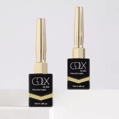 10 ml Empty Glue Glass Nail Bottle With Brush Black Glossy Square Nail Polish Bottles With Golden Cap