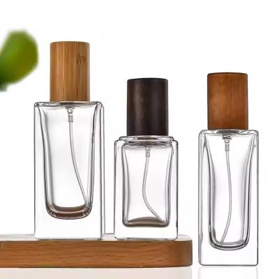 New Design Empty Perfume Bottle 30ml 35ml 50ml 100ml Clear Square Glass Perfume Bottle With Wooden Cap
