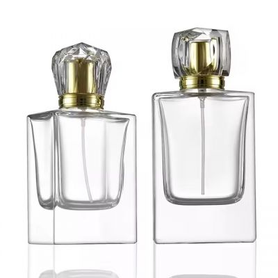 Custom 50ml Thick Bottom Glass Perfume Bottles Flat Square Clear Fragrance Perfume Glass Bottle With Crown Cap