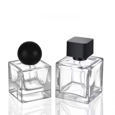 Factory Transparent Big Square Perfume Atomizer 30ml 50ml 100ml Glass Spray Perfume Bottle With Wooden Ball Cap