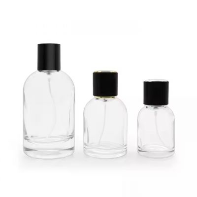 Hot Selling Glass Perfume Bottle Custom Logo Clear Perfume Bottle 50ml 30ml 100ml Round Glass Perfume Bottle With Black Cap