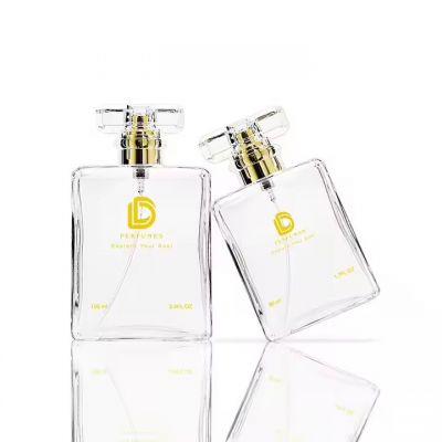 On Sale Perfume Bottle 50 Ml Clear Square 100 Ml Perfume Glass Bottle Printing Logo With Clear Lid