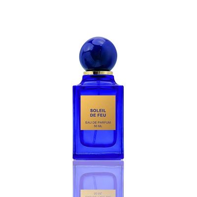New Product 50Ml Perfume Bottle Clear Blue Square Glass Perfume Bottle Crimp Perfume Bottle With Bound Lid