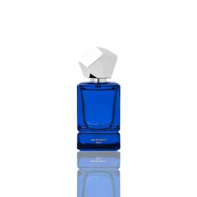 High Quality Luxury square Glass Perfume Bottle 30 ml 50ml 100ml Blue Perfume Bottle Glass with Package