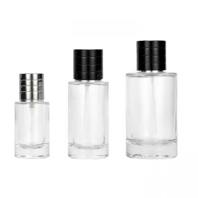 25m 50ml 100ml clear Cylinder Glass Perfume Bottle Empty Crimp Neck Round Spray Bottle with Black and Silver Cap