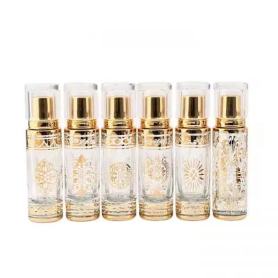 Fancy 30ml Mini Refill Glass Perfume Spray Bottle Empty Gold UV Plating Engraving Logo Perfume Bottle With Lid