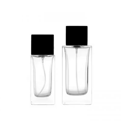 Wholesale Luxury 50ml 100ml Square Rectangle Empty Crimp Neck Glass Spray Perfume Bottle With Black Wooden Lid