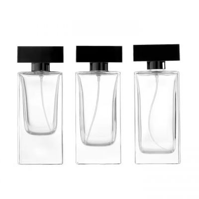 High Quality Thick Bottom Glass Square 60ml 80ml 100ml Luxury Empty Clear Perfume Spray Bottle With Black Cap