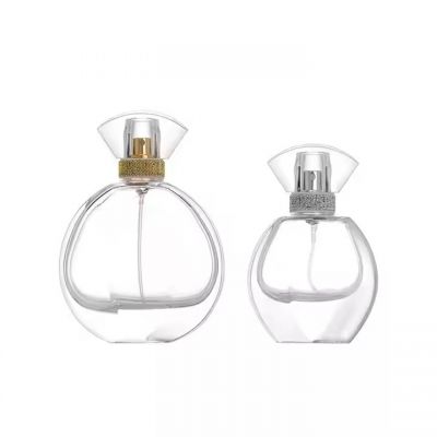 Wholesale High Quality Vintage Glass Perfume Bottles Unique Flat Round Shape 30ml 100ml Clear Crimp Spray Pump Perfume Bottle