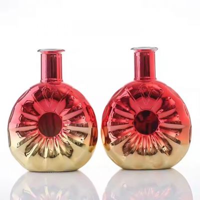 New Craft Luxury Glass Packaging Electroplating Red and Yellow Gradient Color Brandy Liquor Spirits Bottles for Sale