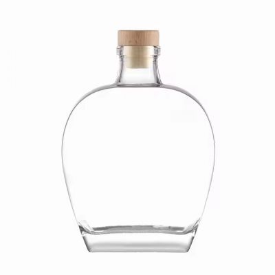 Customized 500ml Transparent Round Hollow Flint Glass Whiskey Bottle with Rubber Cork Stopper for Brandy Wine Vodka Tequila