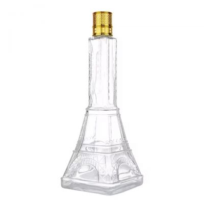 Wholesale Custom Logo 500ml Fancy Paris Tower Bottle for Spirit Vodka Wine Beverage with Golden Aluminium Screw Cap