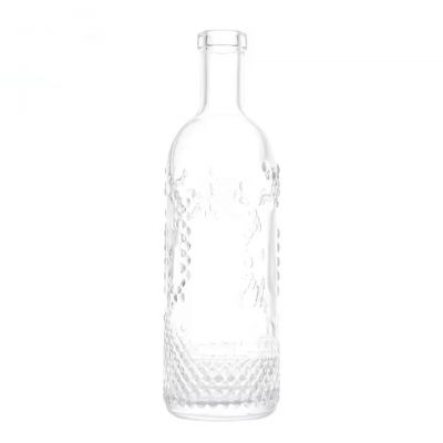 Custom 750ml Clear Glass Spirit and Wine Bottle with an Embossed Texture for Gin Vodka Rum with a Natural T-Cork