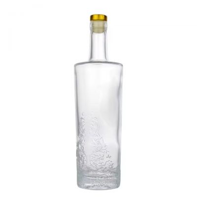 Wholesale Popular 700ml Classical Straight Shoulder Round Tall Embossed Flower Vodka Whiskey Tequila Empty Glass Bottles