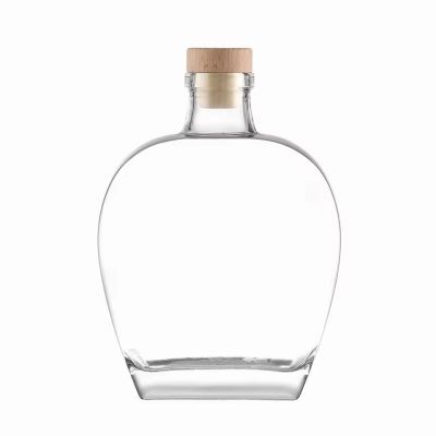 Customized 500ml Transparent Round Hollow Flint Glass Whiskey Bottle with Rubber Cork Stopper for Brandy Wine Vodka Tequila