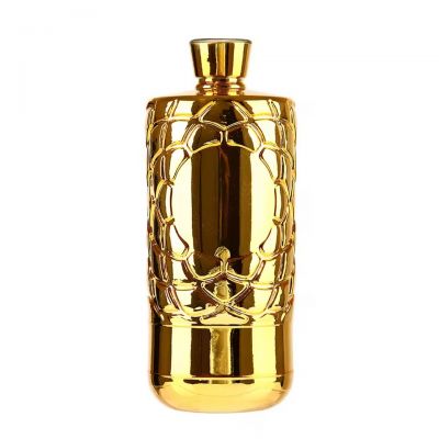 Gilded Luxury Embossed Fish-Scale Patterns Customized Golden Round Slim Empty 500ml 750ml Glass Spirits Bottle