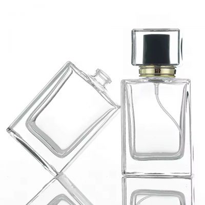 Luxury 50ml Flat Square Elegant Glass Perfume Bottle Empty Crystal Travel Refill with Screw Spray Top