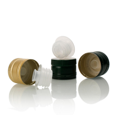 Stock Black and Gold Color Screw Plastic 31.5mm 33mm Non-Refillable Olive Oil Bottle Cap with Pourer Insert